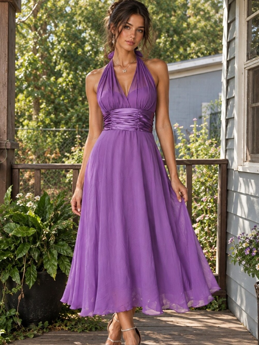 Connected Y2K Halter Chiffon Midi Dress Womens Size 6 Purple Fairy Hoco Glam